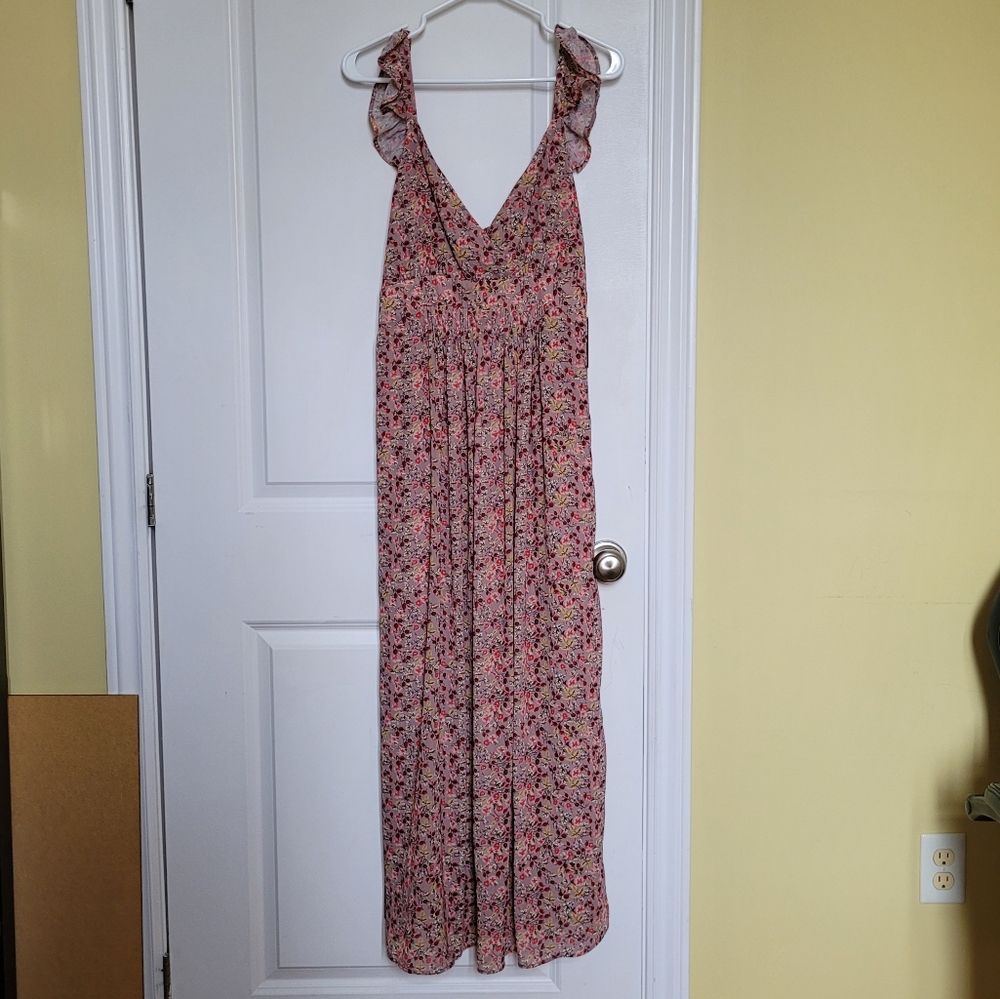 Floral Pink Maxi Dress with Ruffle Straps